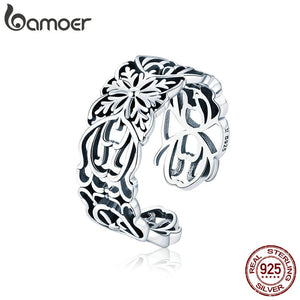 BAMOER Authentic 925 Sterling Silver Vintage Stackable Flower Open Size Finger Rings for Women Fashion Silver Jewelry SCR500