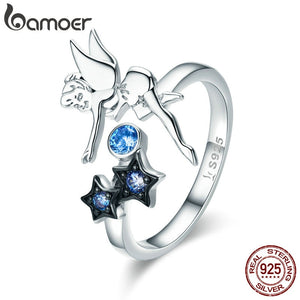 BAMOER Hot Sale Authentic 925 Sterling Silver Fairy with Star Luminous CZ Finger Ring for Women Sterling Silver Jewelry SCR349