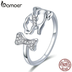 BAMOER 925 Sterling Silver Dog's Company Animal Dog & Bone Finger Rings for Women Adjustable Size Sterling Silver Jewelry SCR416