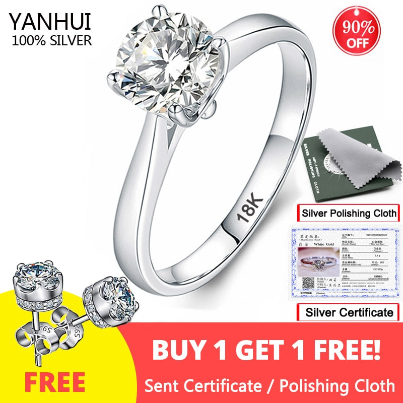 Free Sent Certificate Silver 925 Ring Original White 18K Gold Pt Wedding Band 2.0ct Zirconia Diamond Jewelry Engagement Rings