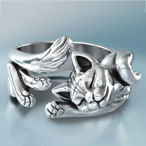 zhen rong Wish New Style Kitty Adjustable Ring  Plated 925 Vintage Thai Silver Black Adjustable Cat Totem Ring