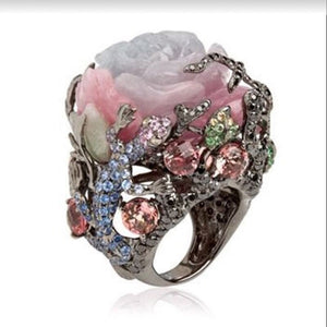 rong yu wish express sale popular style seven color rose Peony tree vine natural stone lizard black gold ring