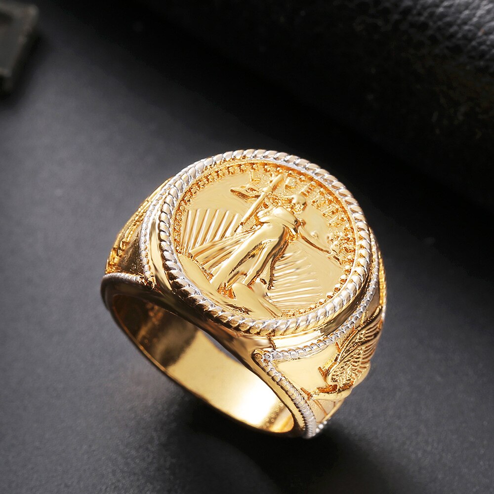 Zhen Rong Wish New Style America Gold Honor Plated 18K Golden Saint Gordon DOUBLE E Gold Coin Modeling Ring