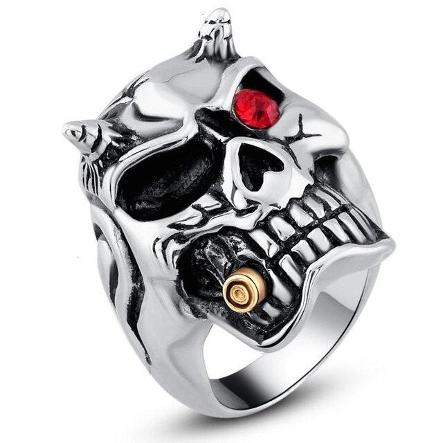 Men's Ghost Titanium Steel Ring Man Jewelry Punk Steampunk Rings Men Hip Hop Rock Vintage Luxury Gothic Red Zircon Eye Ringen